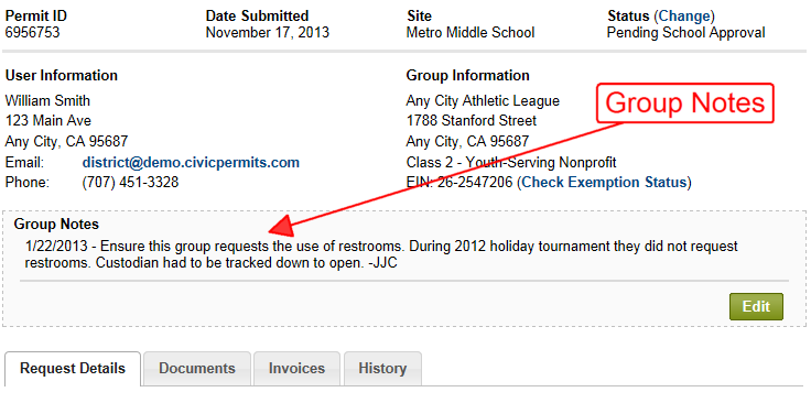 Group Notes displayed on a Permit Details Page
